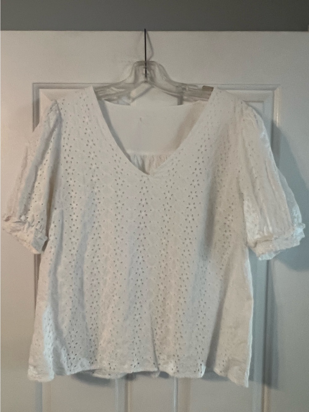 Women's White Eyelet V-Neck Short Sleeve Top